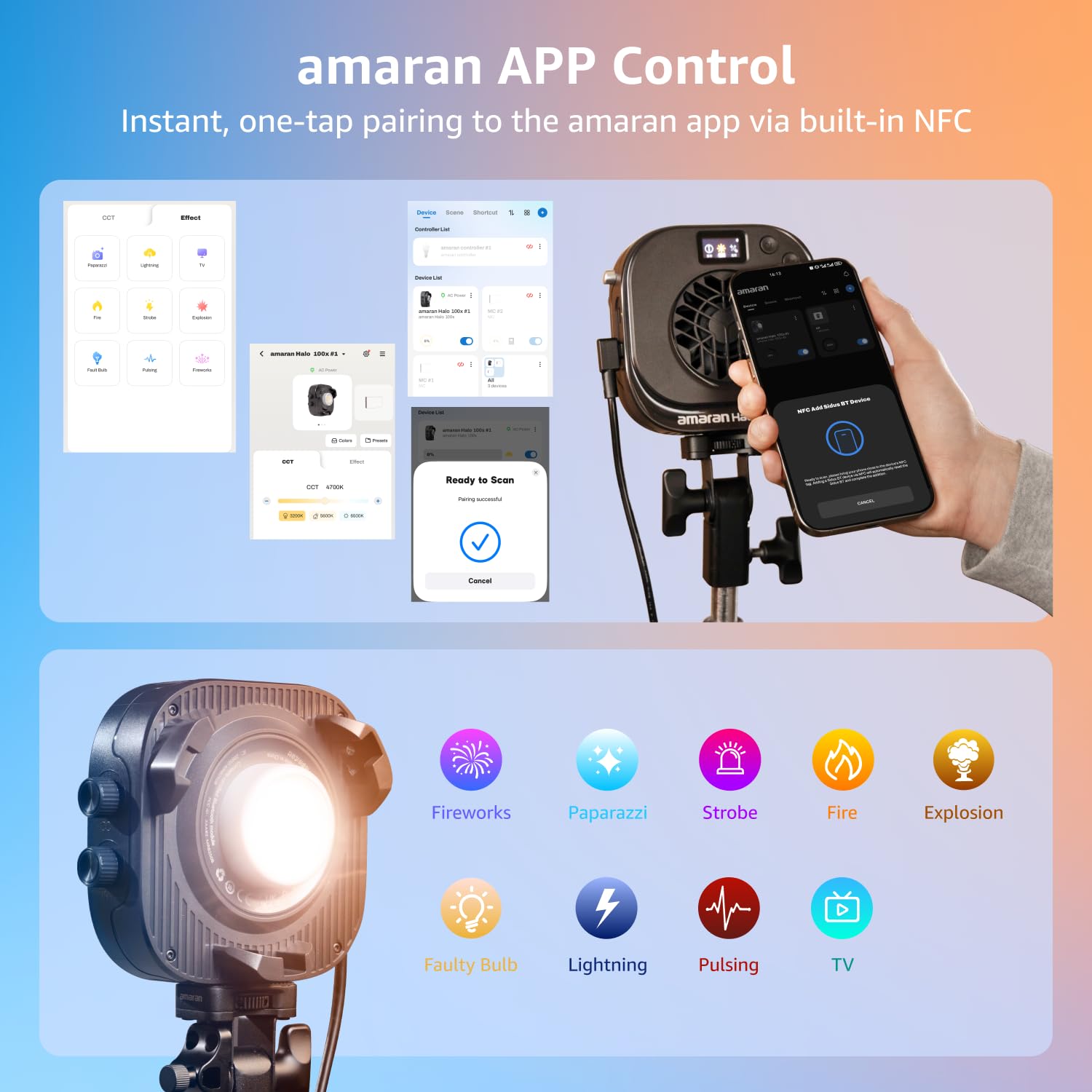 amaran Halo 100x 100W Bi-Color COB LED Videoleuchte, 4.890 Lux @1m, Ultra-Kompakt, Bowens Mount, USB-C PD & DC Netzteil, CRI 96+, TLCI 97+, DMX & App-Steuerung
