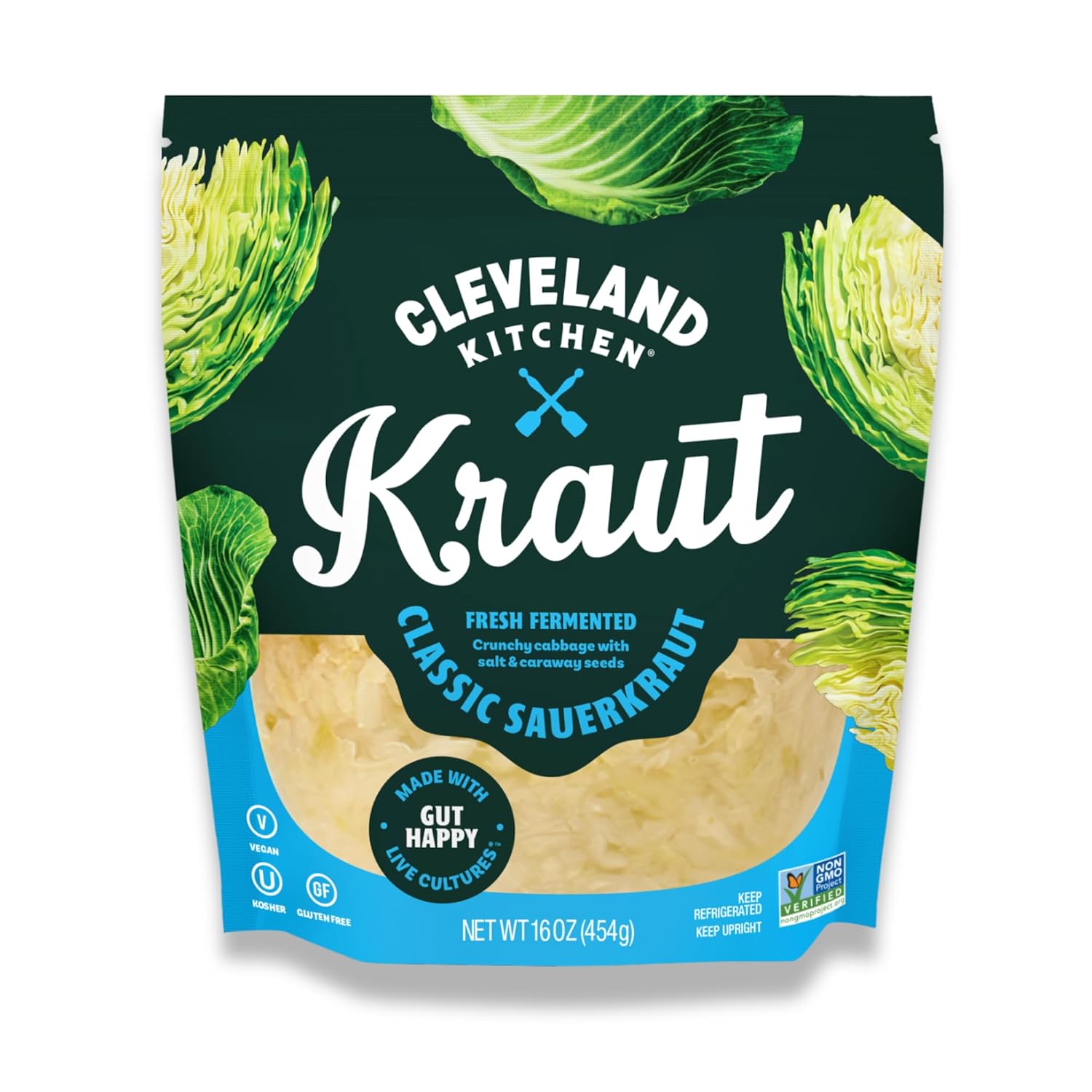 Cleveland Kitchen Classic Caraway Kraut - Fresh Crunchy Sauerkraut with Live Probiotics, Traditional Bavarian Flavor, 16 oz