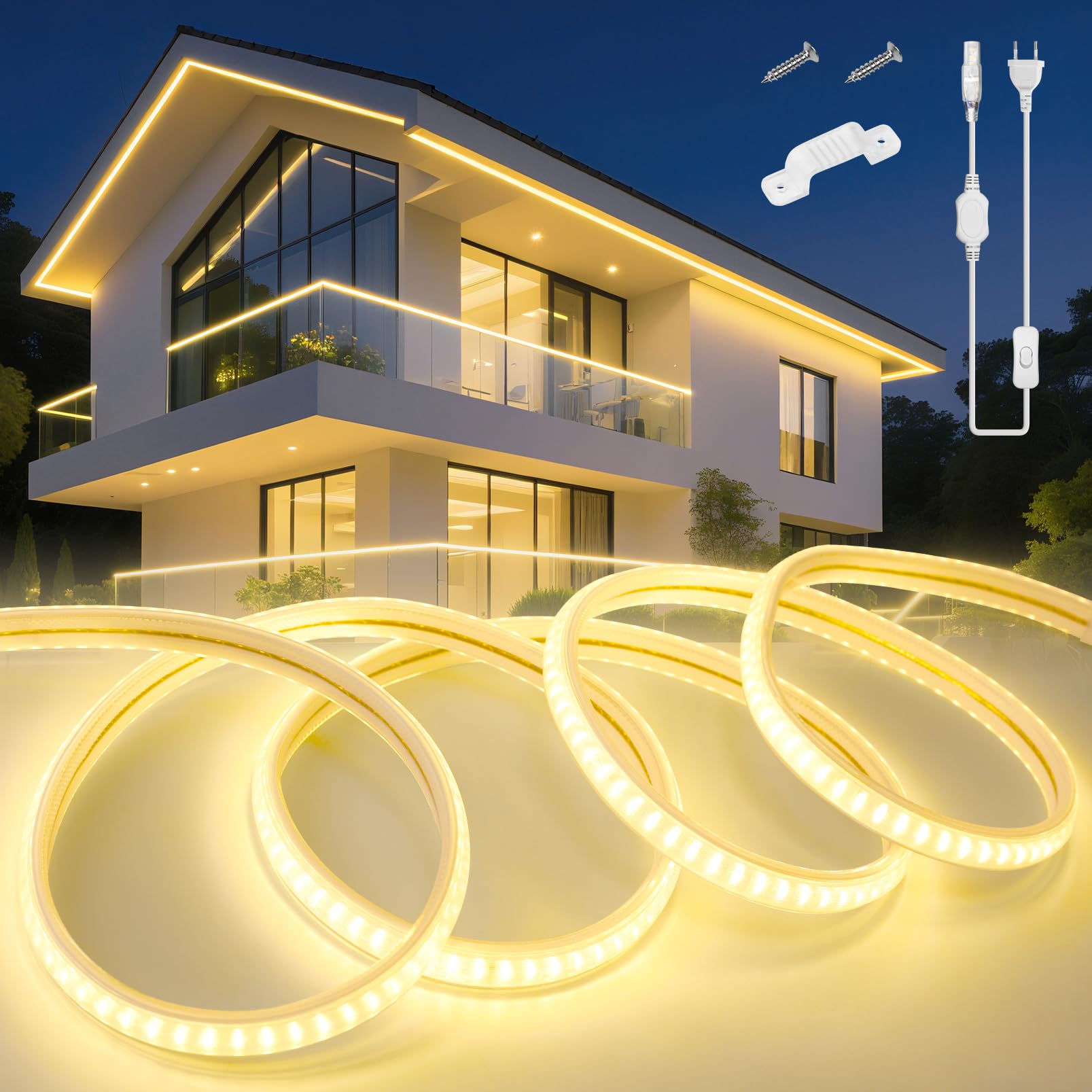 KSIBNW LED Streifen Aussenbereich 20M, 230V Neon LED Strip Wasserdicht IP65 Schlauch Warmweiß 3000K Led Leiste Band Flexibel Outdoor 145LEDs/M Lichtleiste mit Netzteil und Stecker für Außen Innen Deko