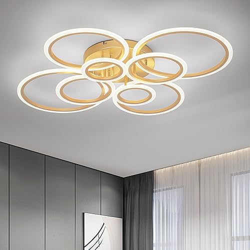 Miniatura 5 de Vikaey Lámpara LED moderna de montaje empotrado, 8 anillos dorados cerca del techo, lámpara de techo para sala de estar, comedor, dormitorio,
