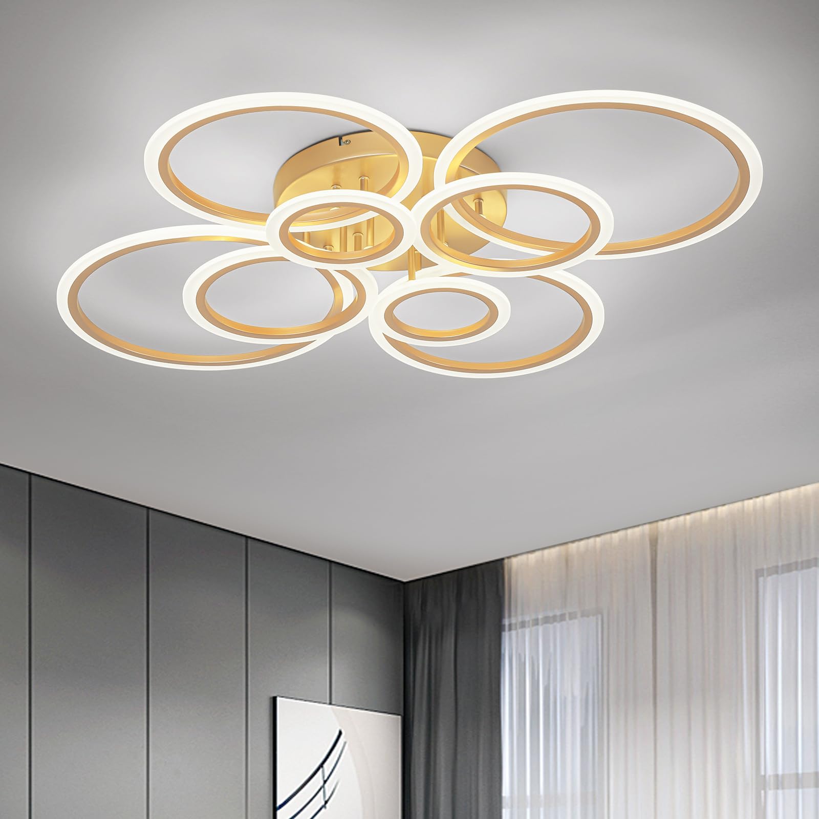 Vikaey Modern LED Flush Mount Ceiling Light, 8 Rings Gold Close to
