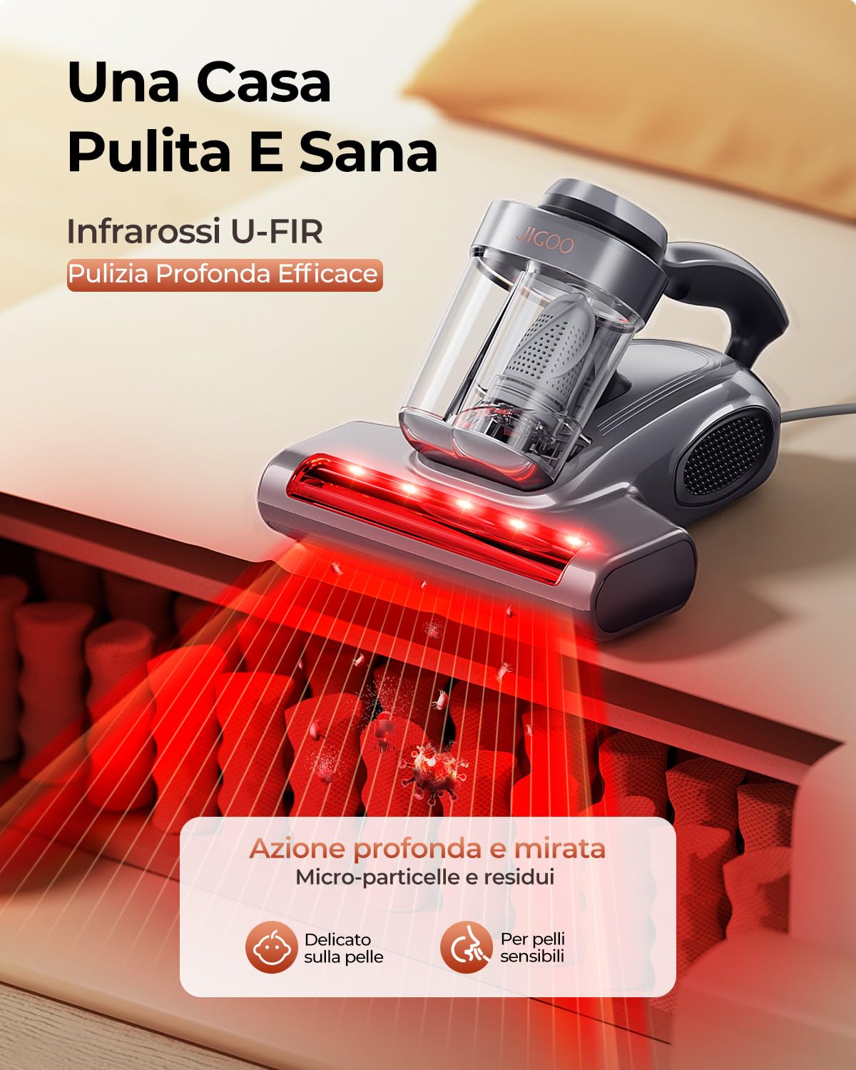 JIGOO J300 Pro Aspirapolvere per Materassi ad Mano-Battimaterasso Antiacaro con 550W, UV-C e Calore 60 C | Elimina il di Acari, Allergeni e Peli di Animali | Tecnologia a Infrarossi e Profumo Fresco