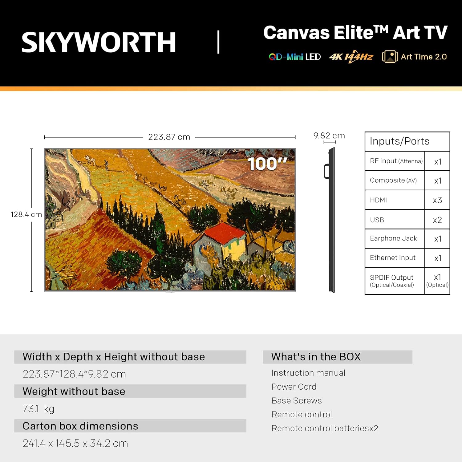 Rear view of Skyworth 100-Inch Canvas Elite Art TV showing various input and output ports