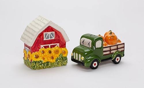Miniatura 7 de Juego de salero y pimentero de cerámica fina de cosecha de Acción de Gracias, camión de calabaza y girasoles, 3.5 pulgadas de largo