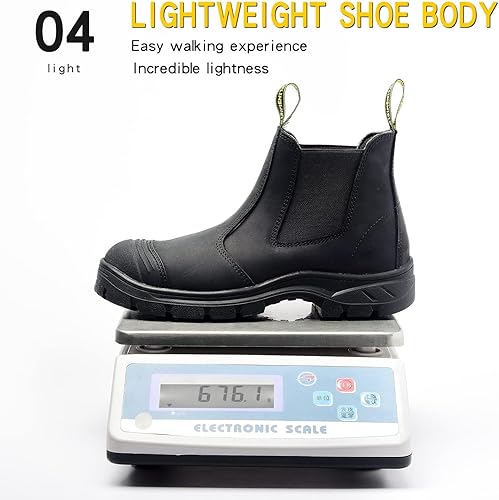 Miniatura 6 de NOLINSHIELD - Botas de trabajo con punta de acero para hombre, sin cordones, ligeras, repelentes al agua, capa superior de cuero, antideslizantes
