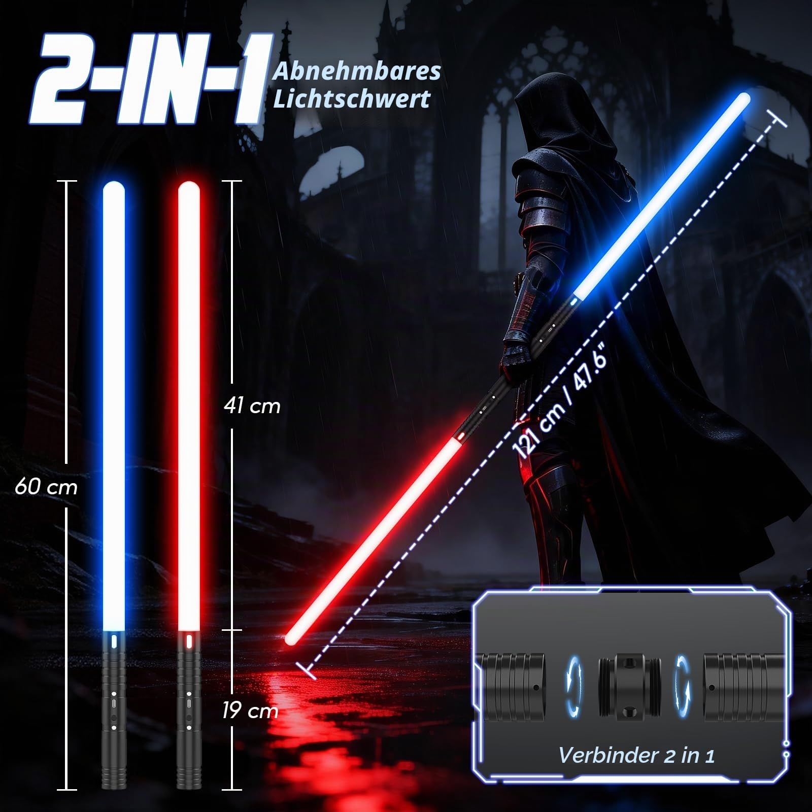 Laserschwert Kinder, RGB 15 Farben 2 in 1 Lichtschwert, Duell Lightsaber mit 4 Modi und Sounds, USB-C Wiederaufladbar FX Lichtschwert Spielzeug für Kinder und Erwachsene Halloween Cosplay(60CM 2PC)