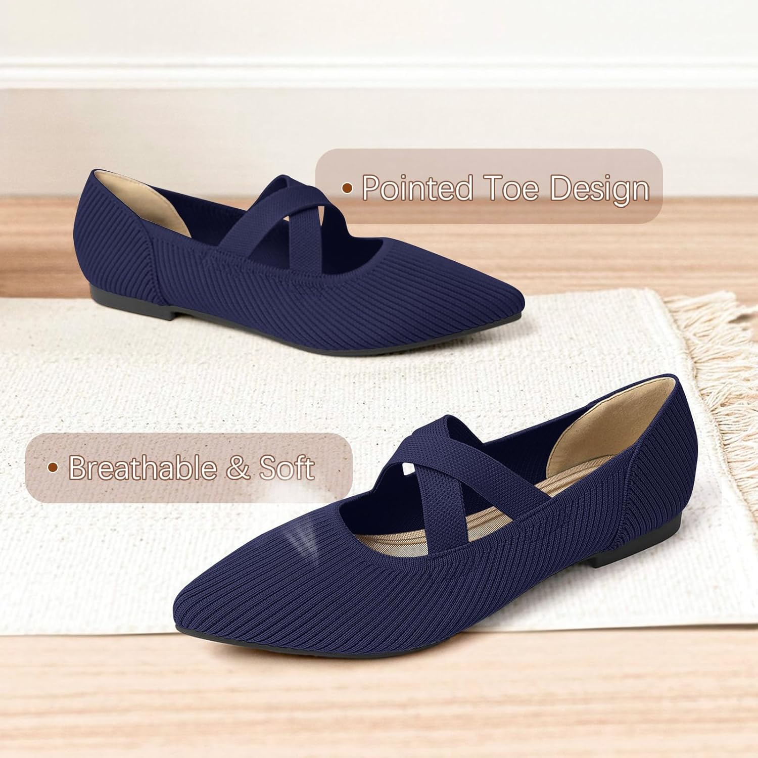 Women's Flats Shoes Pointed Toe Knit Washable Comfortable Dressy Mary Jane Ballet Flat with Strap - Image 5