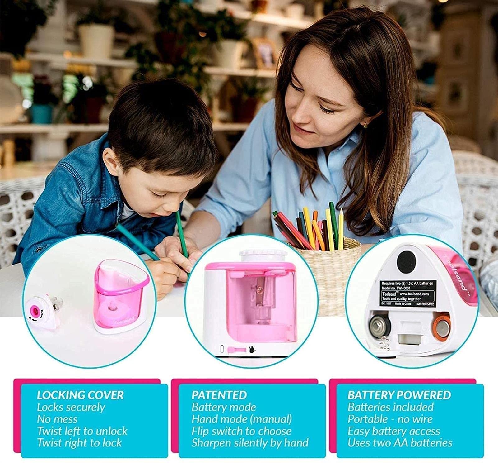 Taille-Crayon Automatique en Plastique, Taille-Crayon électrique de Couleur, alimenté par Batterie, pour la Maison, Le Bureau, l'école, la Salle de Classe, Les Adultes et Les Enfants