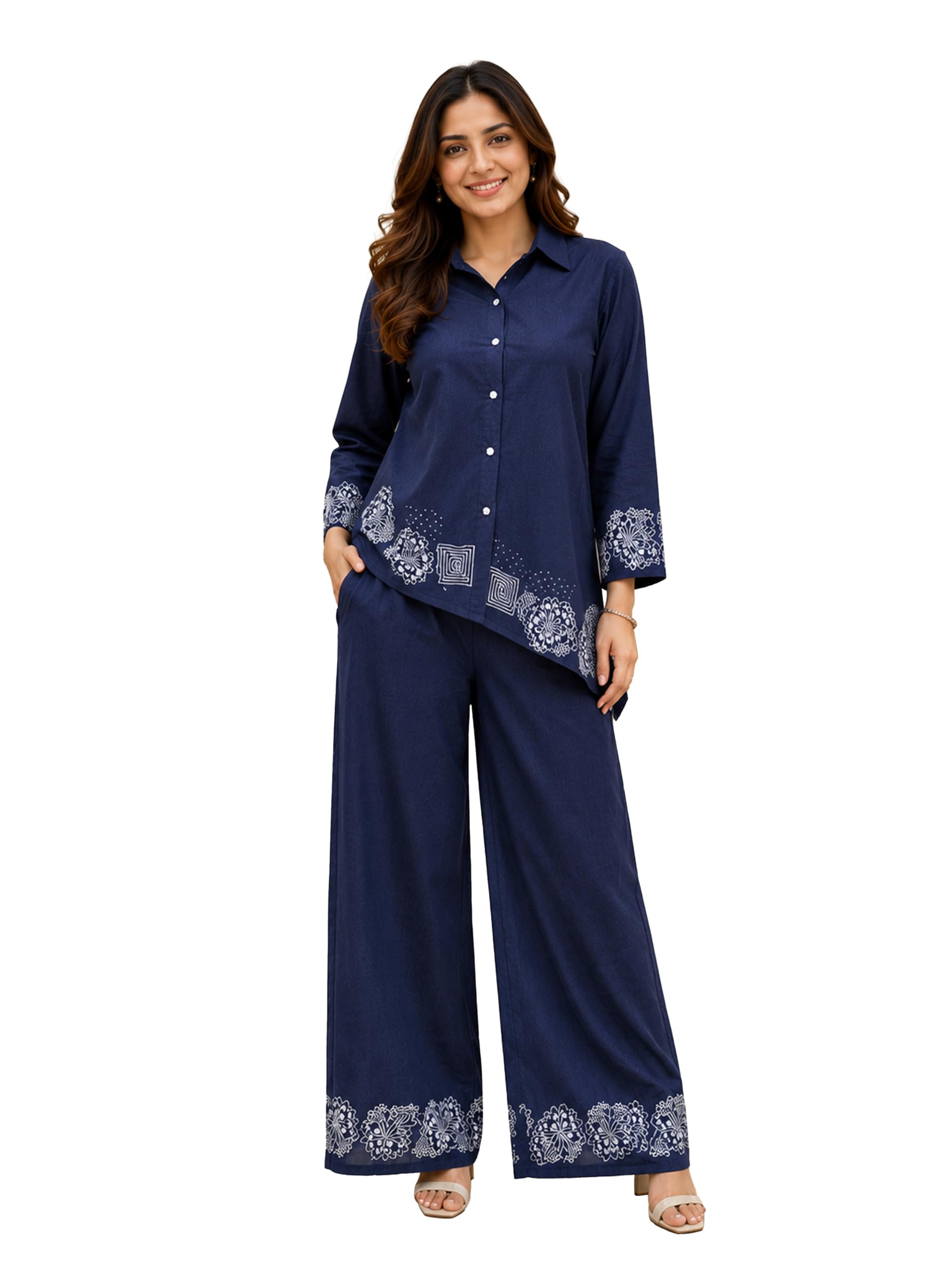 trendmalls Women’s Denim Blue Embroidery Work Co-Ord Set with Shirt Style Top and Straight Pant for Women-picture-11