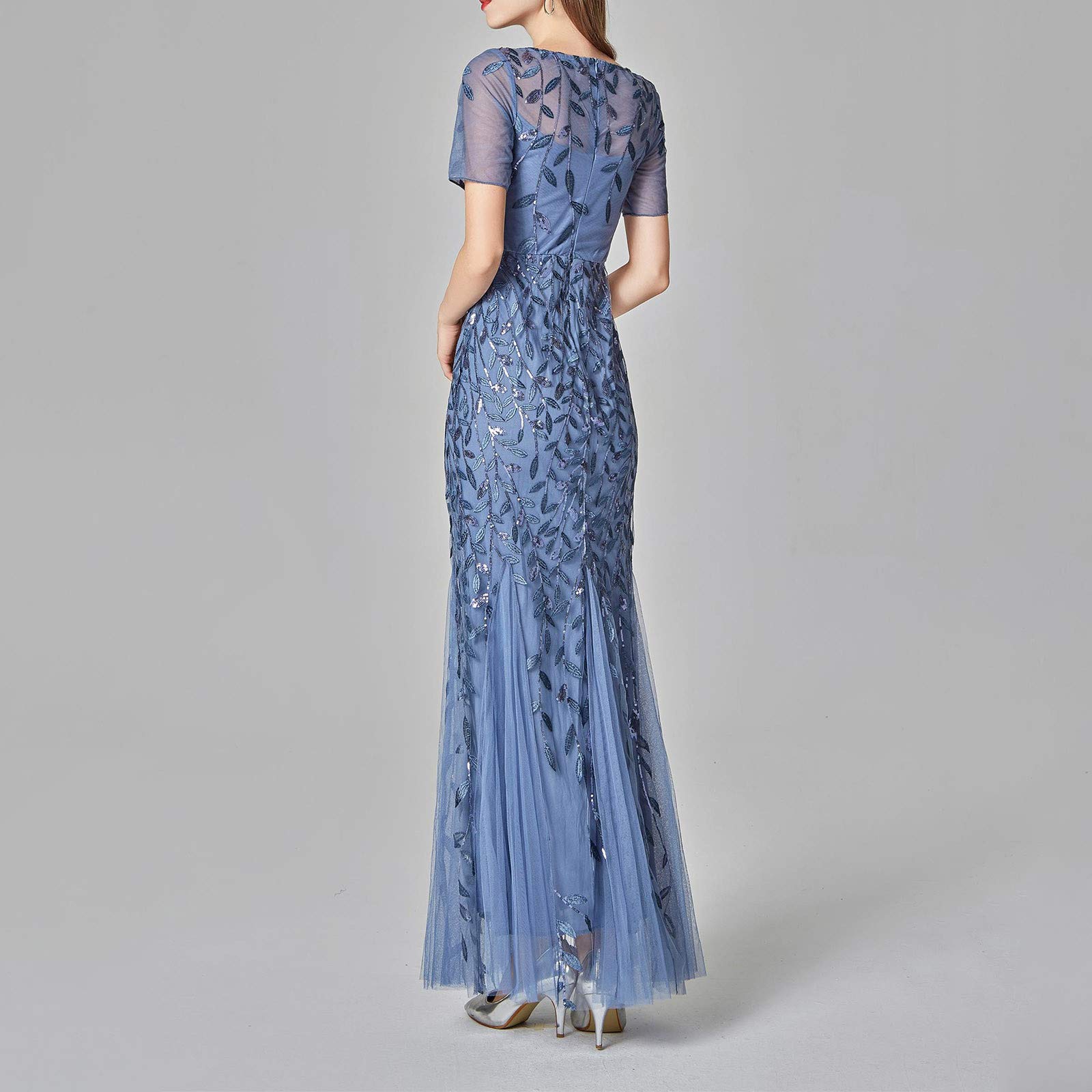 FUPODD Damen Abendkleid Elegant Maxikleid 1920er-Jahre Kleid Mit Pailletten Damenkleid Tüll Partykleid Frauen Kurze Ärmel Kleider Lang Cocktail-Meerjungfrau-Kleid Ballkleid Für Hochzeit Abendkleider
