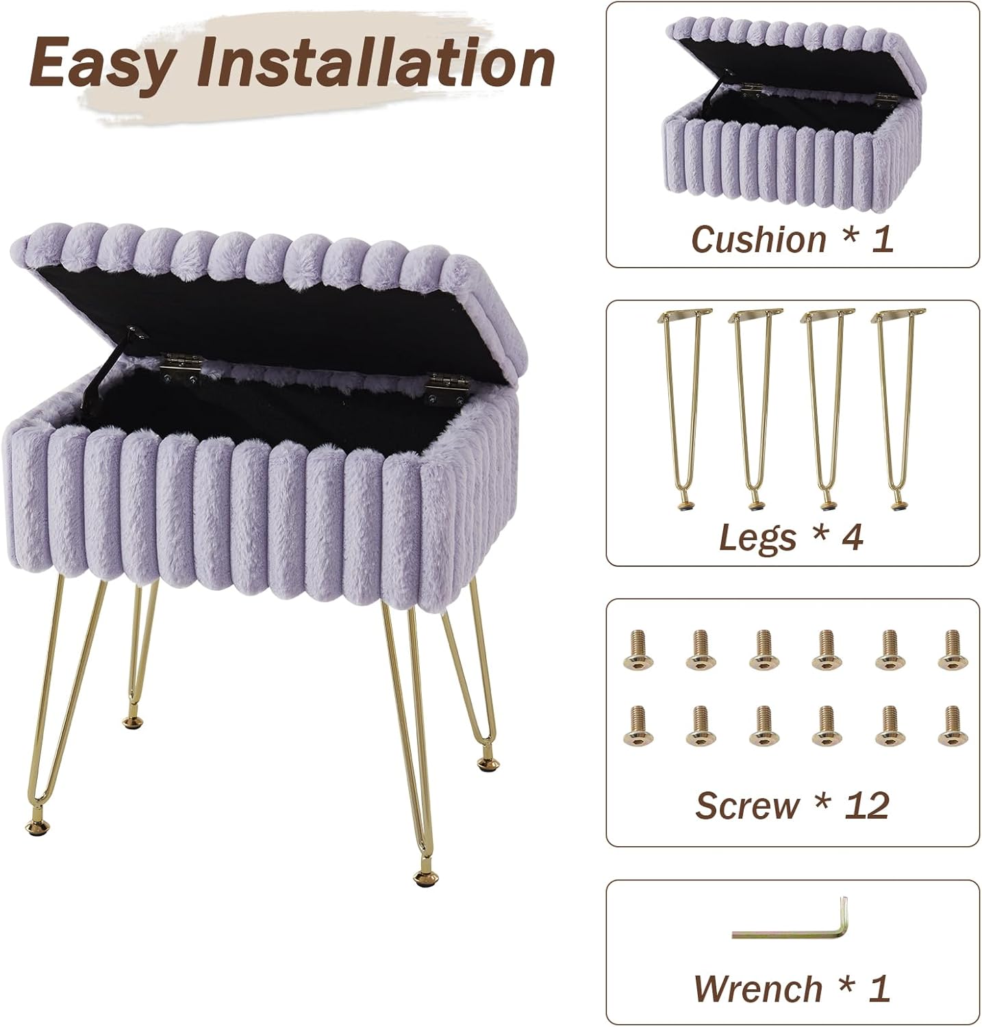 Vanity Stool Chair with Storage, Faux Fur Stools for Vanity Makeup, Foot Stool Ottoman with 4 Metal Legs, Small Vanity Bench Seat Chairs for Living Room Bedroom