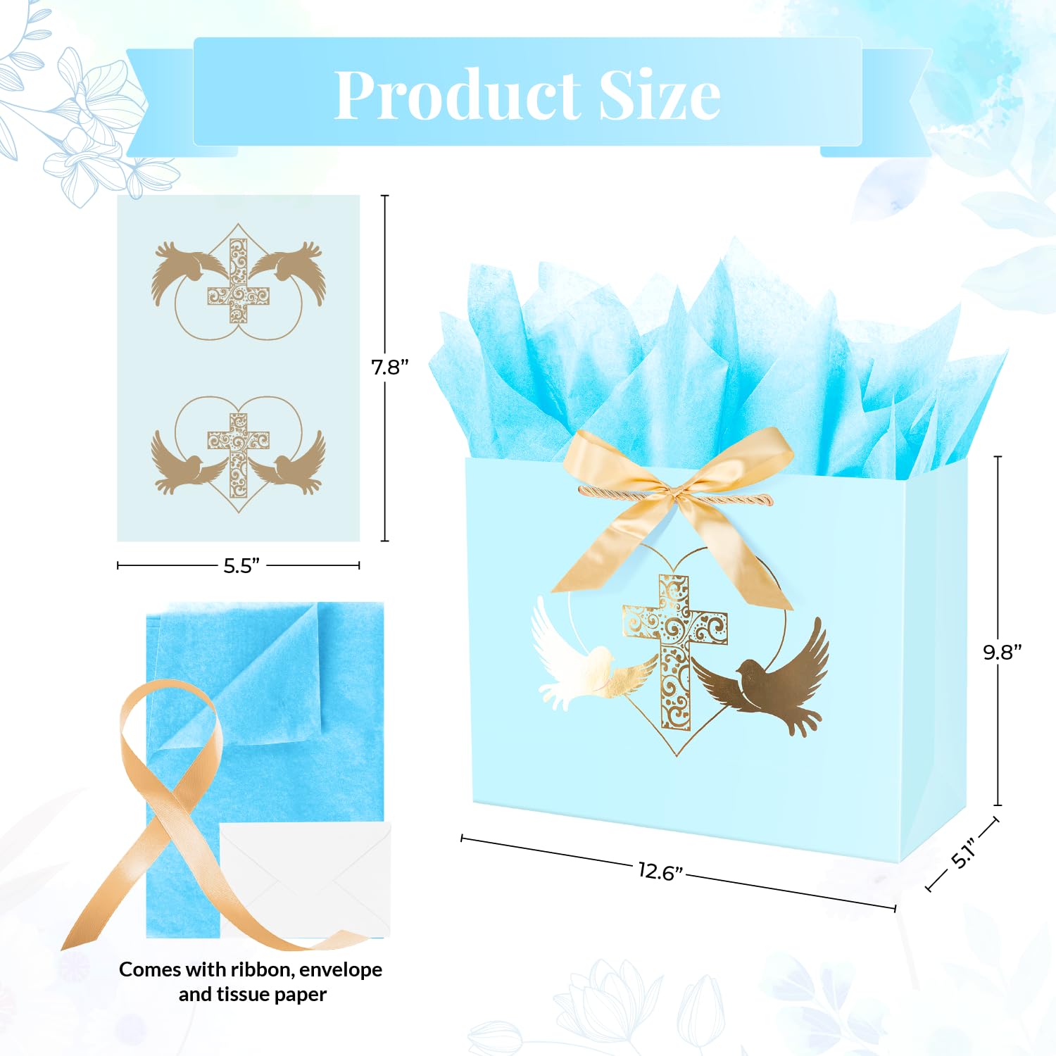 Linelglobal Baptism Gift Bag with Boy Blue Cross Gift Bag with Tissue Paper for Christenings First Communions Religious 12.6"