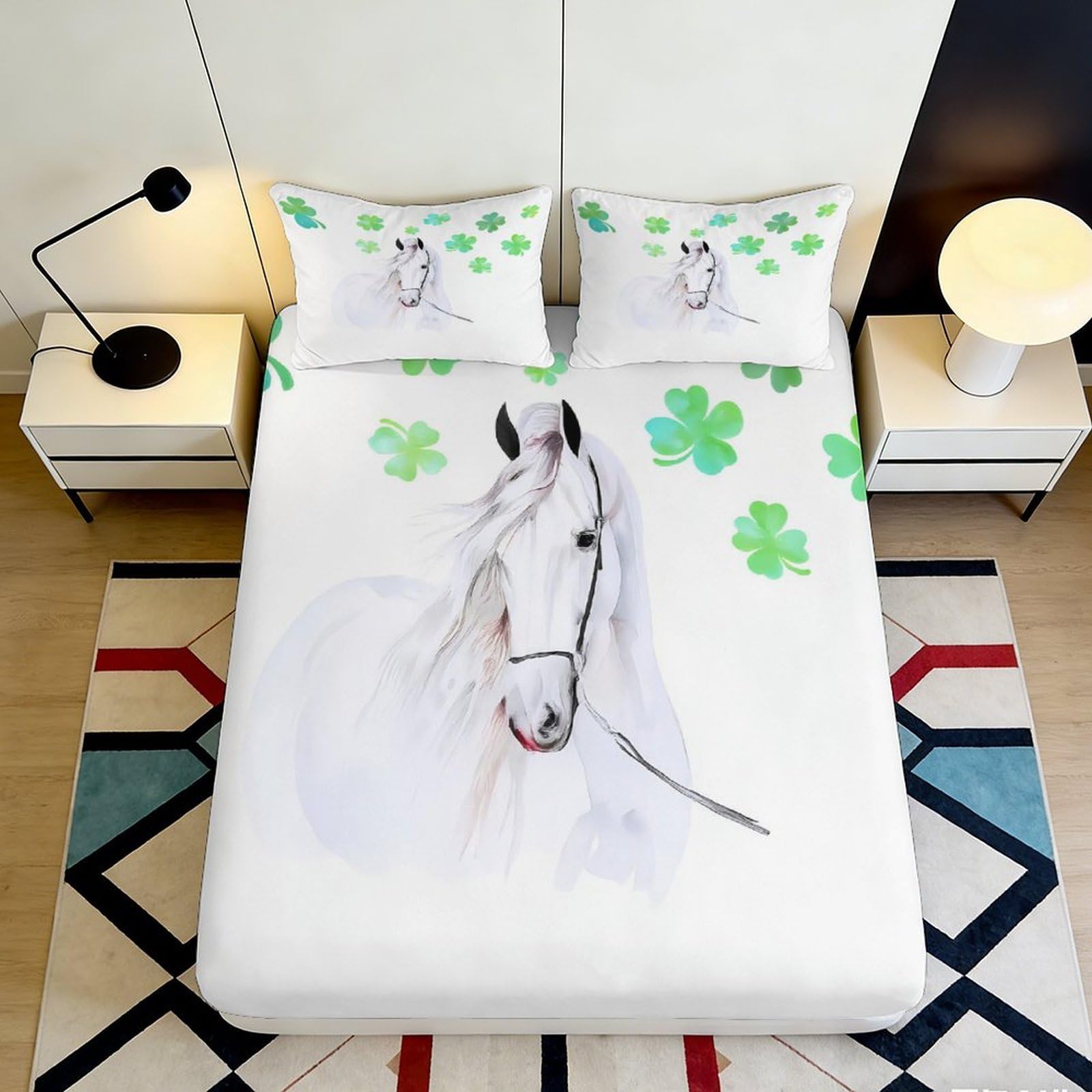 3D Printed White Horse Clover Fitted Sheet Microfiber Soft Mattress Cover for Bedroom Guest Room Decor Easy Care 90x200x25cm