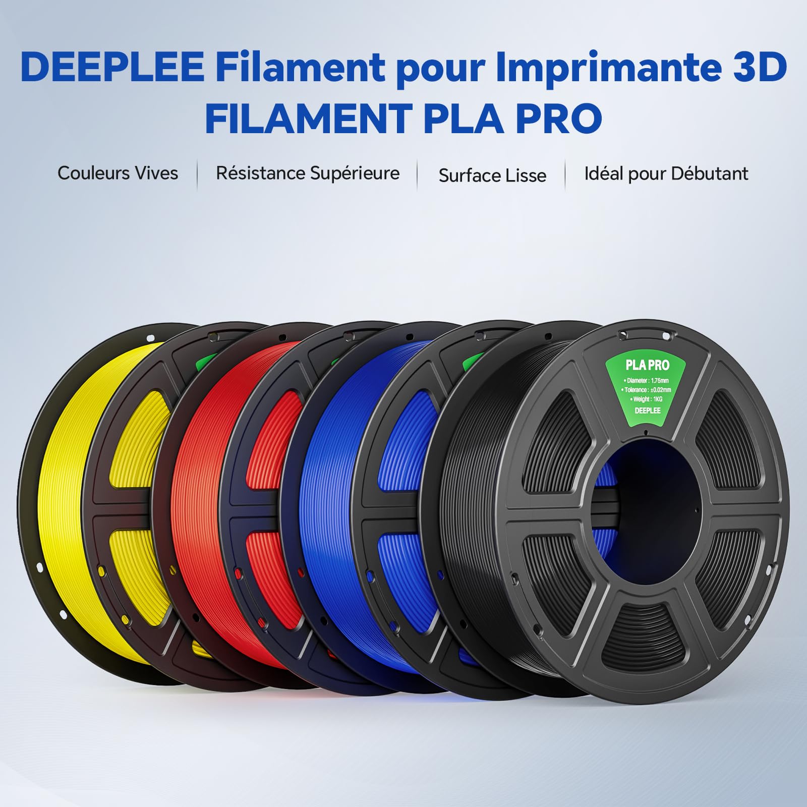 DEEPLEE Filament PLA Pro 1.75 mm 4kg 4 Bobines Noir Rouge Jaune Bleu Haute Résistance pour Imprimantes 3D FDM