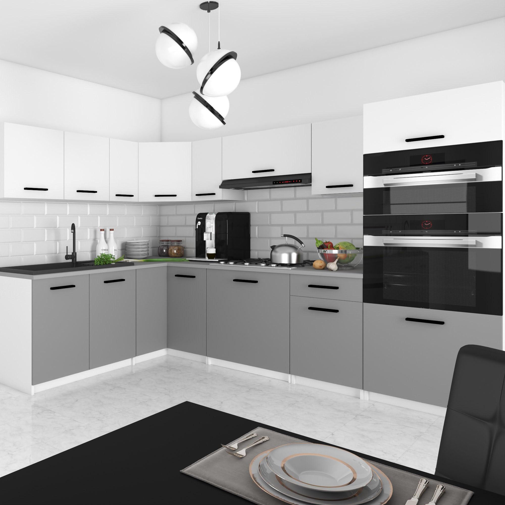 Belini Italia 8 Meuble Cuisine d'angle 420cm Blanc-Gris Mat | Cuisine complète, meubles hauts et bas inclus, montage facile