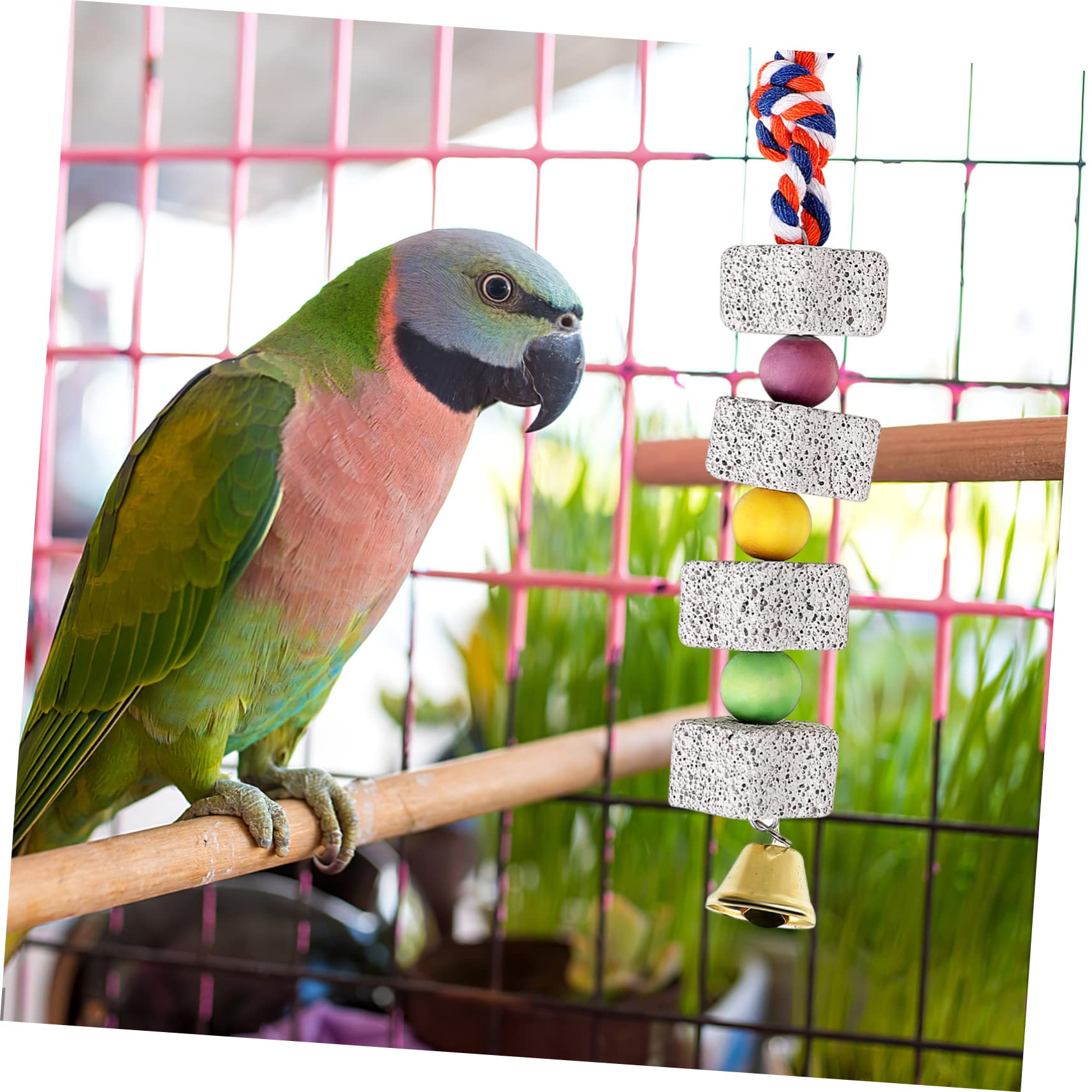 HOUDERCO 4Pcs Parrot Beak Grinding Stone with Bells Hanging Chewing for Parrots Cockatiels and Birds Cage Accessories for Healthy Fun and Loneliness Reduction