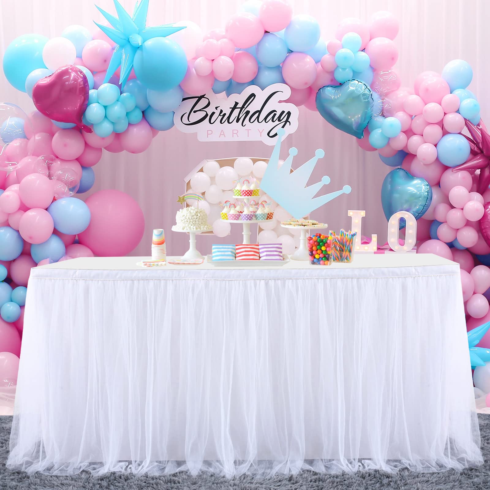 Weiß Tüll Tischröcke für Babyparty, Tischdekoration Tutu Tischrock für Kuchen, Geburtstag, Taufe, Hochzeitstische, L183×H76cm