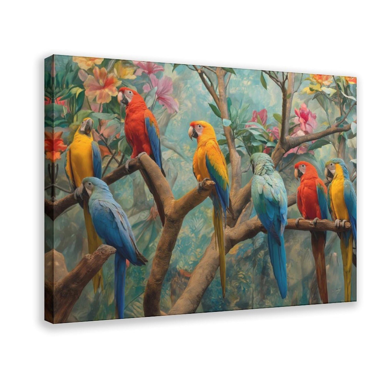 Qnvjqkdsi Frame Tropical Parrots Art, Colorful Exotic Birds Canvas Poster Bedroom Decor Landscape Office Room Decor Gift 16" L X 24" W