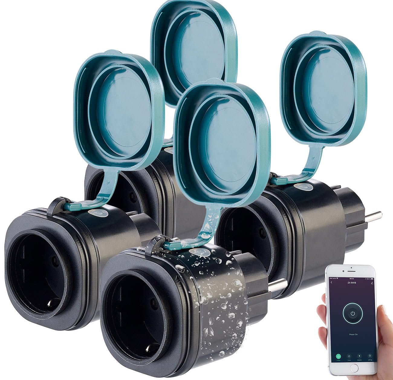 Luminea Home Control Zeitschaltuhr WLAN außen: 4er-Set Outdoor-WLAN-Steckdosen mit Energiekostenmesser, App (WLAN Steckdosen mit Fernbedienung, Steckdosen mit WLAN-Steuerung, Weihnachtsbeleuchtung)