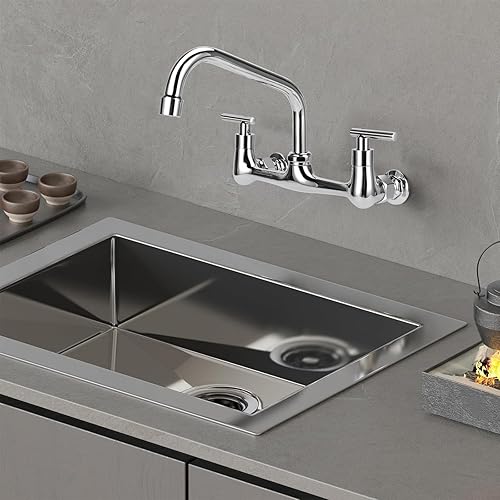 Miniatura 2 de KWODE Grifo de montaje en pared central de 8 pulgadas con boquilla giratoria de 12 pulgadas 2 asas grifo comercial para fregadero de cocina montaje