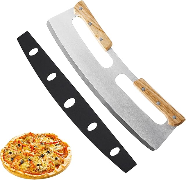 Pizza Cu-tte-r, Pizza Shovel Stainless Steel Rocker Chopper with Safe Wooden Handle Multifunctional Kitchen Shovel Oven Accessories Tools for Homemade Baking Dough Bread BBQ, 35x11 cm