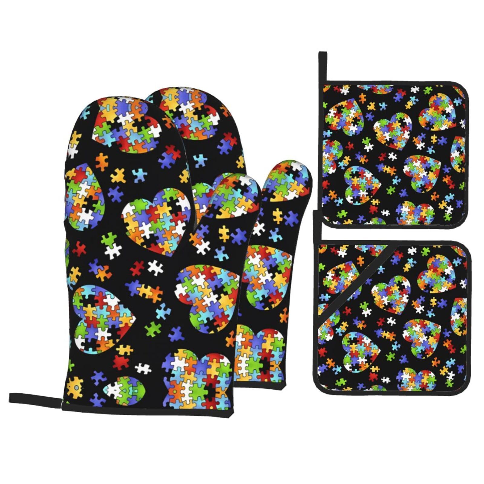 WHJSSF Autism Awareness Puzzle Pieces Heart Prints Kitchen Baking Set - 4-Piece Heat Protection Layers with Waterproof Potholders for Oven, Grill & Serving
