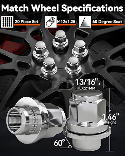 Miniatura 6 de YIZBAP 20 tuercas plateadas de 12 x 1.25 pulgadas, M12x1.25 OEM Mag arandela estilo fábrica tuercas de rueda de 1.46 pulgadas de alto 1316 pulgadas