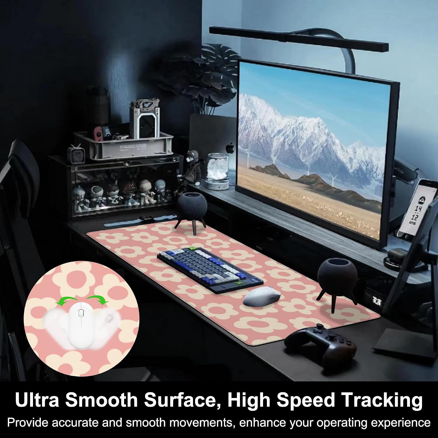 Mouse Pad, Large Pink Groovy Flowers Desk Mat, Extended Non-Slip Gaming Keyboard Mousepad Desk Pad, Thick Stitched Edges Waterproof Mouse Mat 31.5"x15.7" (Vintage Floral) image 5