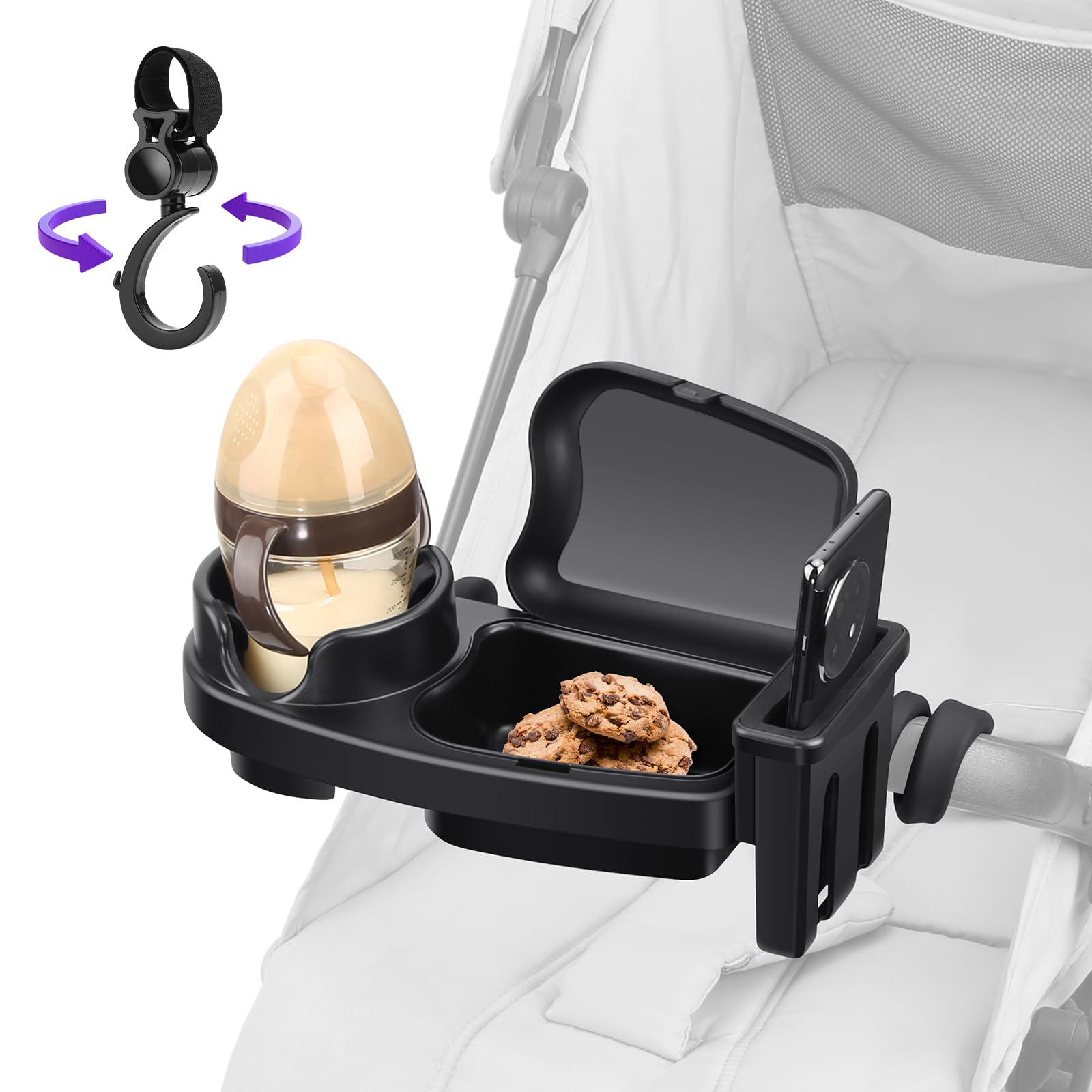 Universal Stroller Snack Tray, 3 in 1 Stroller Cup Holder with Phone Holder and Silicone Flexible Arms Grip, Stroller Tray Attachment Compatible with