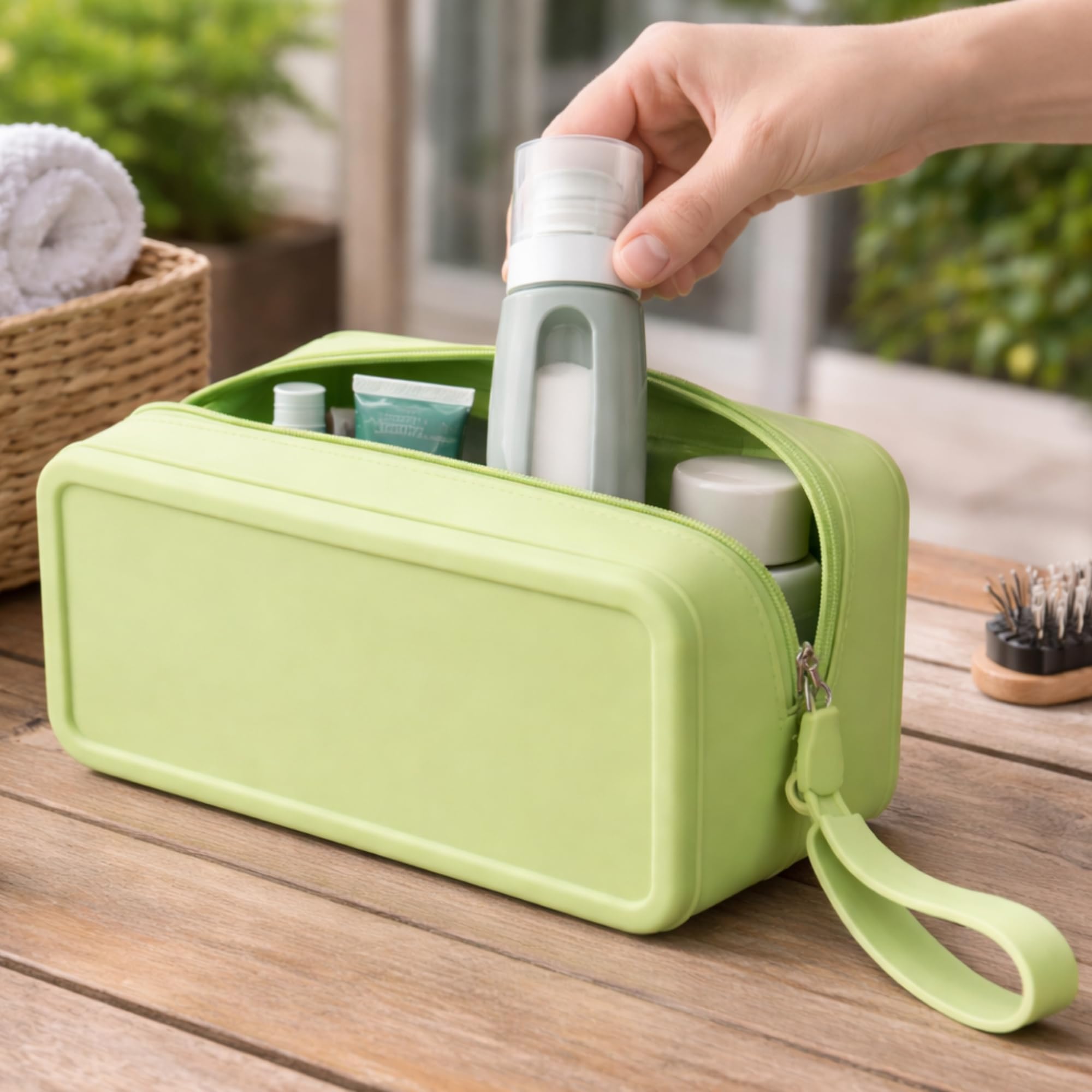 Neceser de Viaje, Gimnasio, Playa de Silicona Impermeable Antifugas – Bolsa para Líquidos de Cabina (Avión) – Flexible y Resistente para Cosméticos y Aseo 9.3x7x18.3cm (Verde)