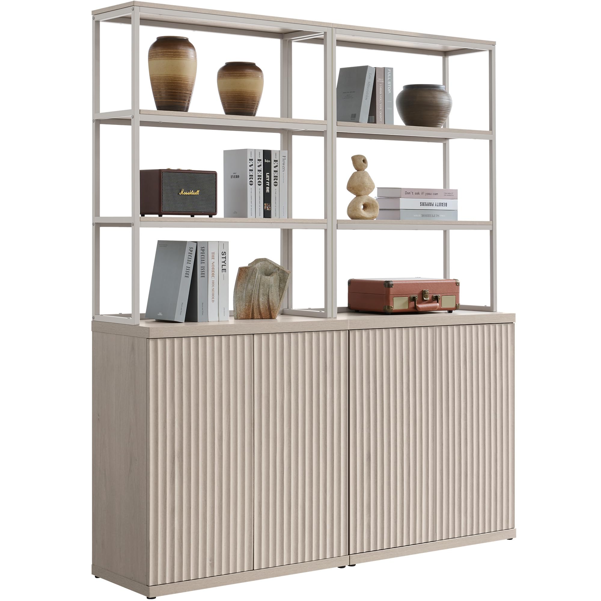 SICOTAS Book Shelf Fluted Bookshelf Cabinet - 75" Tall Bookcase 6 Tier Large Bookshelves with Door Storage Modern Double Wide Book Shelves Case for