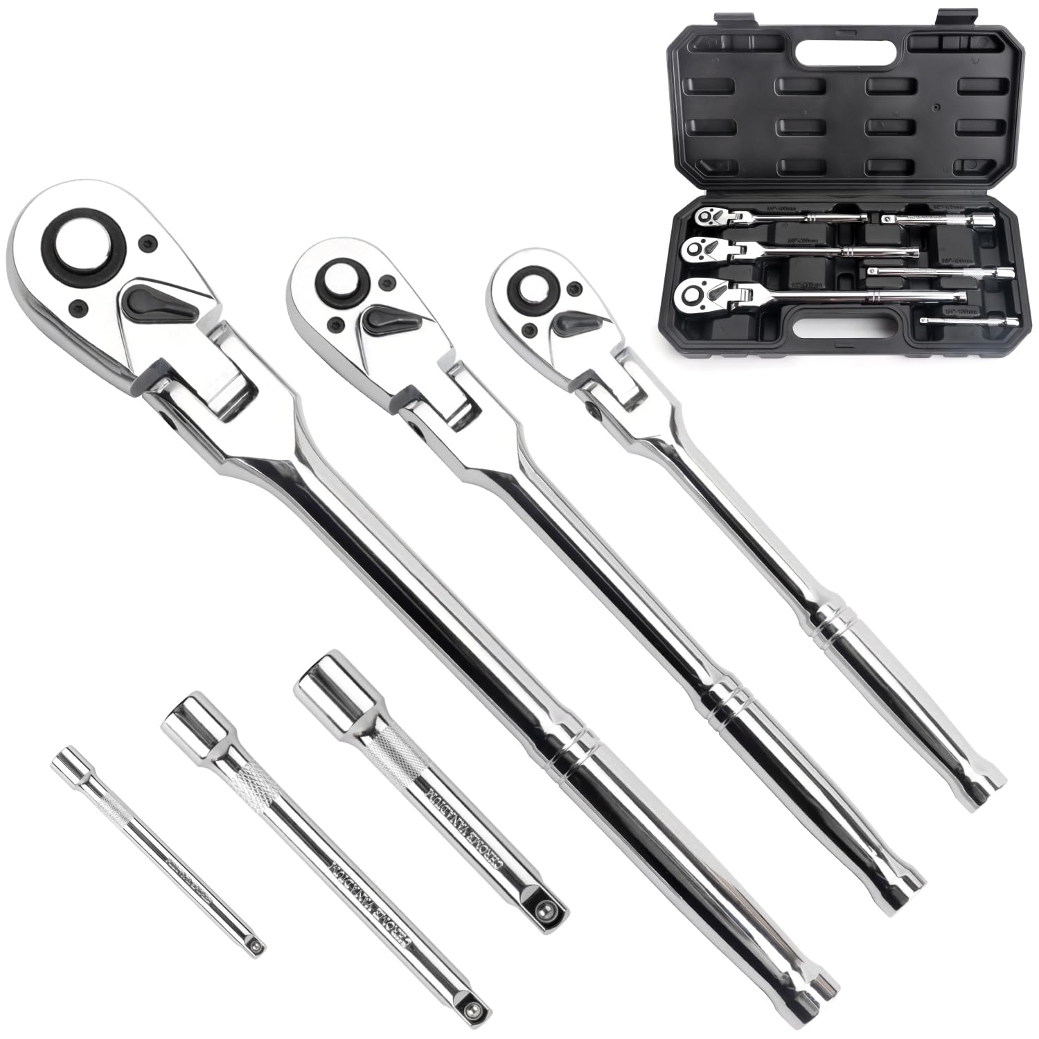 BINGCOBBER Flex Head Ratchet Wrench Set 6PCS, 1/4", 3/8", 1/2" Drive with 3-Piece Extension Bars,72-Tooth Ratchet,Quick Release Reversible Design,180°Swing