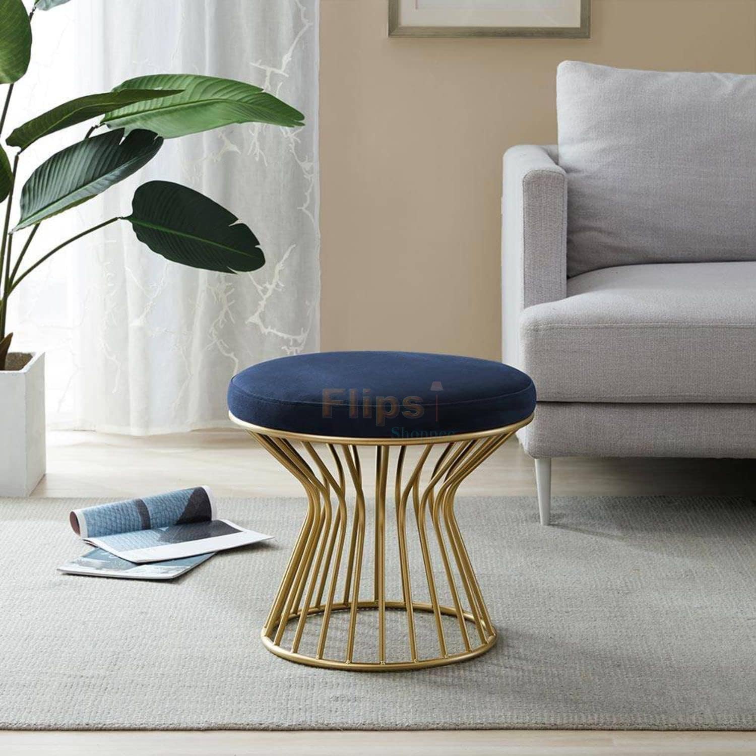 Ghar Ghar Décor Ottoman Setting Stool with Metal Legs and Velvet Vanity Chair Round Shape Puffy Ottoman Footrest Stool with Upholstery for Living Room, Makeup Room, Entryway, and Home Décor (Blue)-image-26