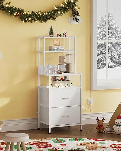 Miniatura 6 de WLIVE Mesita de noche con estación de carga, mesita de noche LED con 2 cajones de tela y 4 estantes abiertos de almacenamiento, mesa auxiliar para