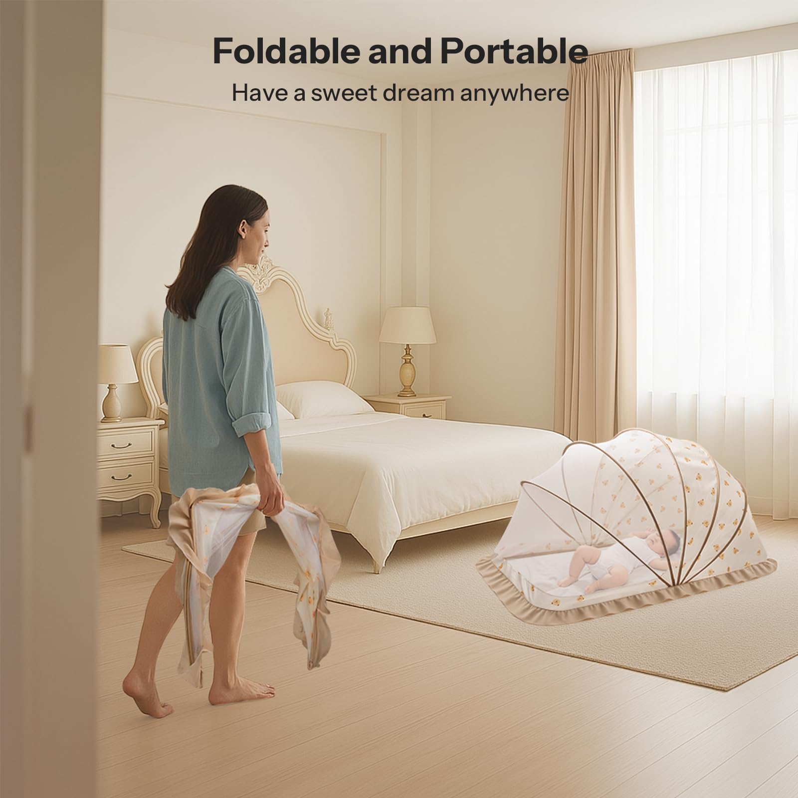 UN1QUE Foldable Baby Mosquito Net, Bottomless Net For Infants, Innovative Shell For Safe Sleep 120 X 65 X 60 Cms, For Babies & Toddlers (0 To 4 Years), Beige 3
