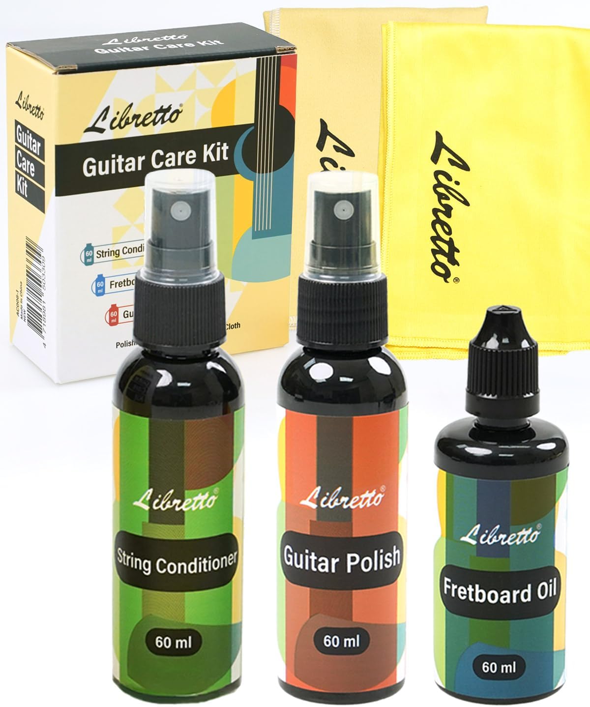 Libretto Guitar Cleaning Kit, 2 Pack Guitar Maintenance Set with Polish, Fretboard Oil and 2 Microfiber Cloths, All in One Care for Acoustic and Electric Guitars
