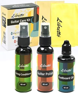 Libretto Guitar Cleaning Kit, 3 Pack Guitar Maintenance Set with Polish, Fretboard Oil, String Cleaner and 2 Microfiber Cloths, All in One Care for Acoustic and Electric Guitars