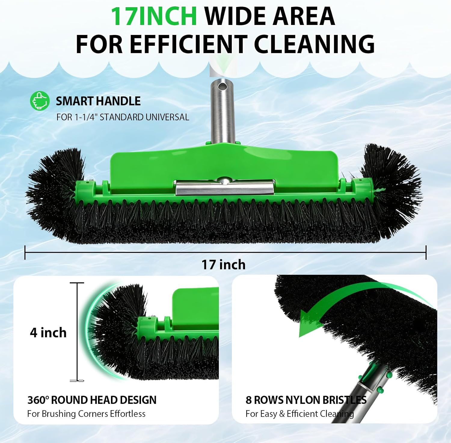 17.5" Professional Pool Brush - Sticks to Walls & Floor, High-Efficiency Heavy Duty Inground/Above Ground Pool Scrub Brushes with Round Ends, Premium Nylon Bristle,Reinforced Aluminium, Safe for Vinyl