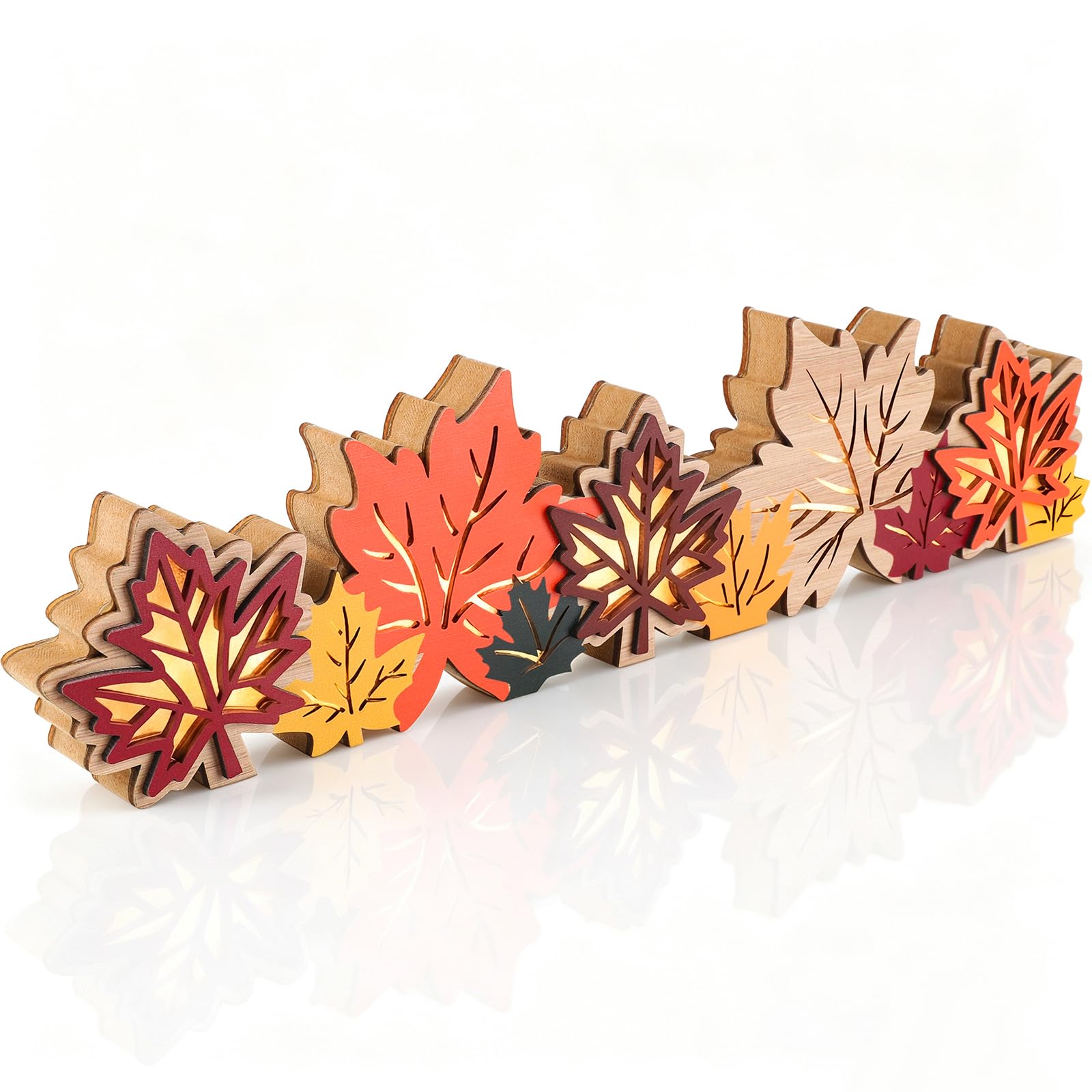 Fangoo Wooden Fall Maple Leaf Table Decor Halloween Table Signs with Led Light Maple Leaf Shaped Autumn Centerpiece Night Light for Harvest Thanksgiving Tiered Tray Mantle Desk Holiday Party Decor