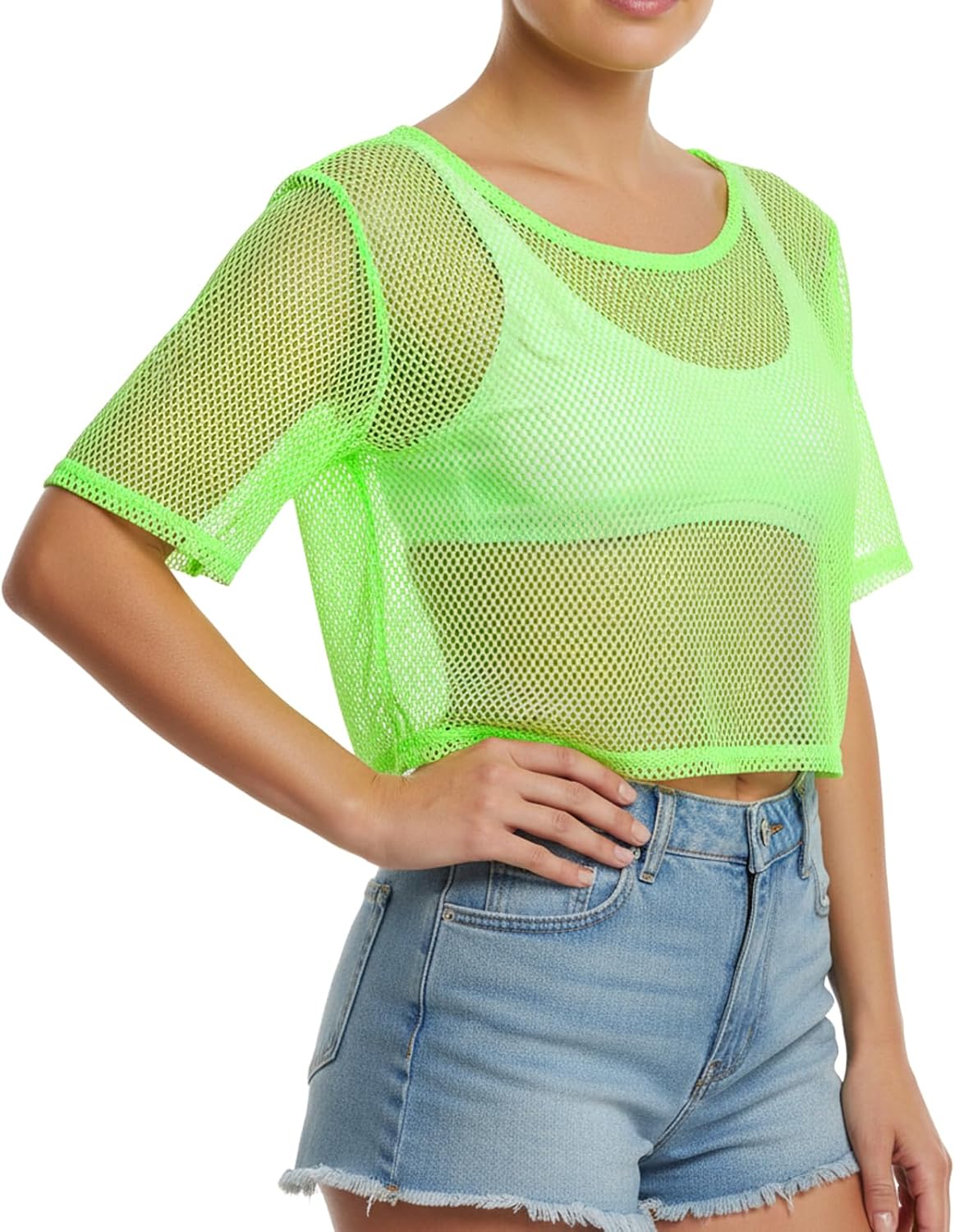 Neon Fishnet Tops, 80s 90s Neon Shirts for Women, Casual Sexy Mesh Off Shoulder T-Shirt Suitable for Masquerade Disco Party - Image 2