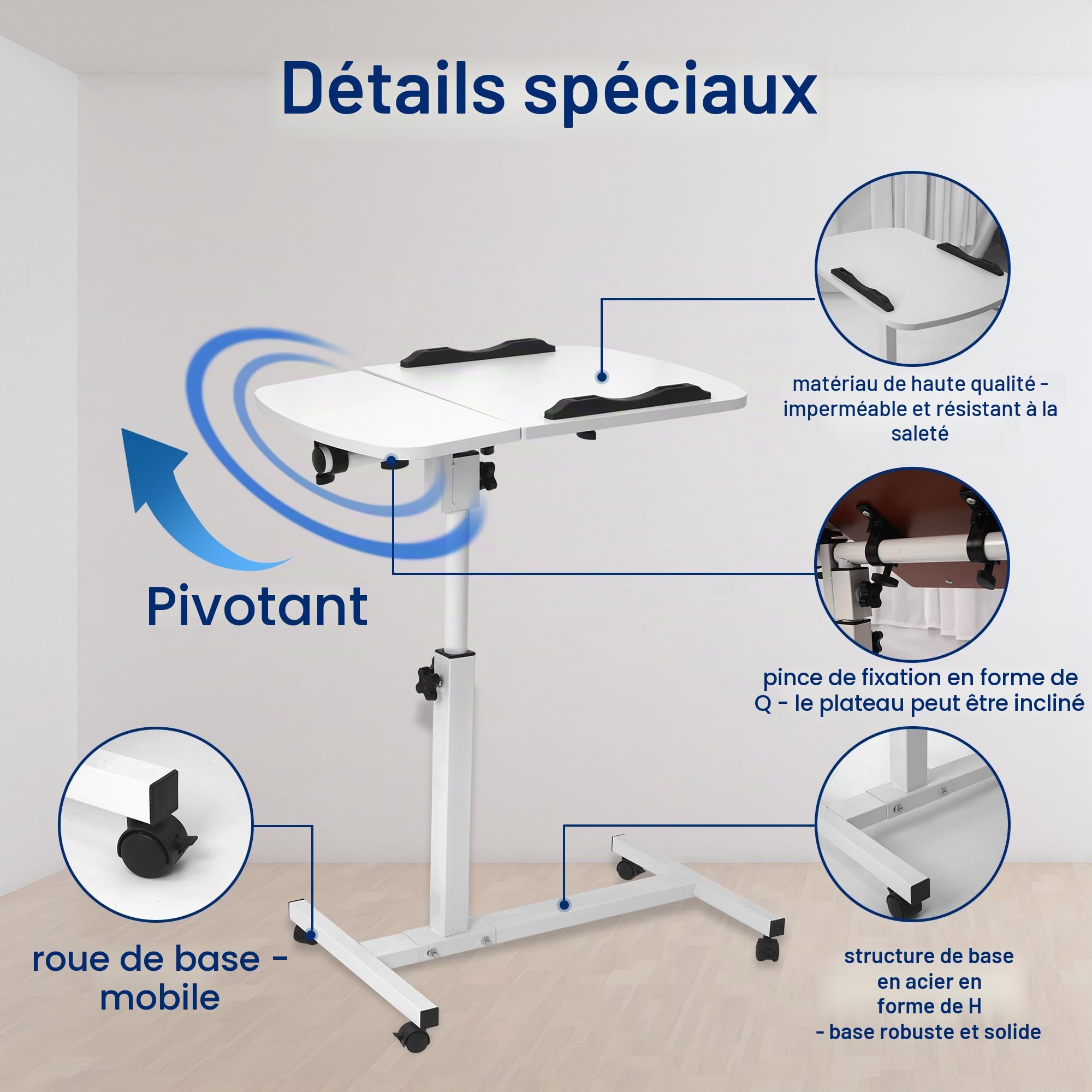 Table d'appoint mobile réglable en hauteur pour lit avec 4 roulettes, 60 x 40 cm, table pour ordinateur portable, table de dessus pivotante pour salon, chambre à coucher, bureau, lit, canapé