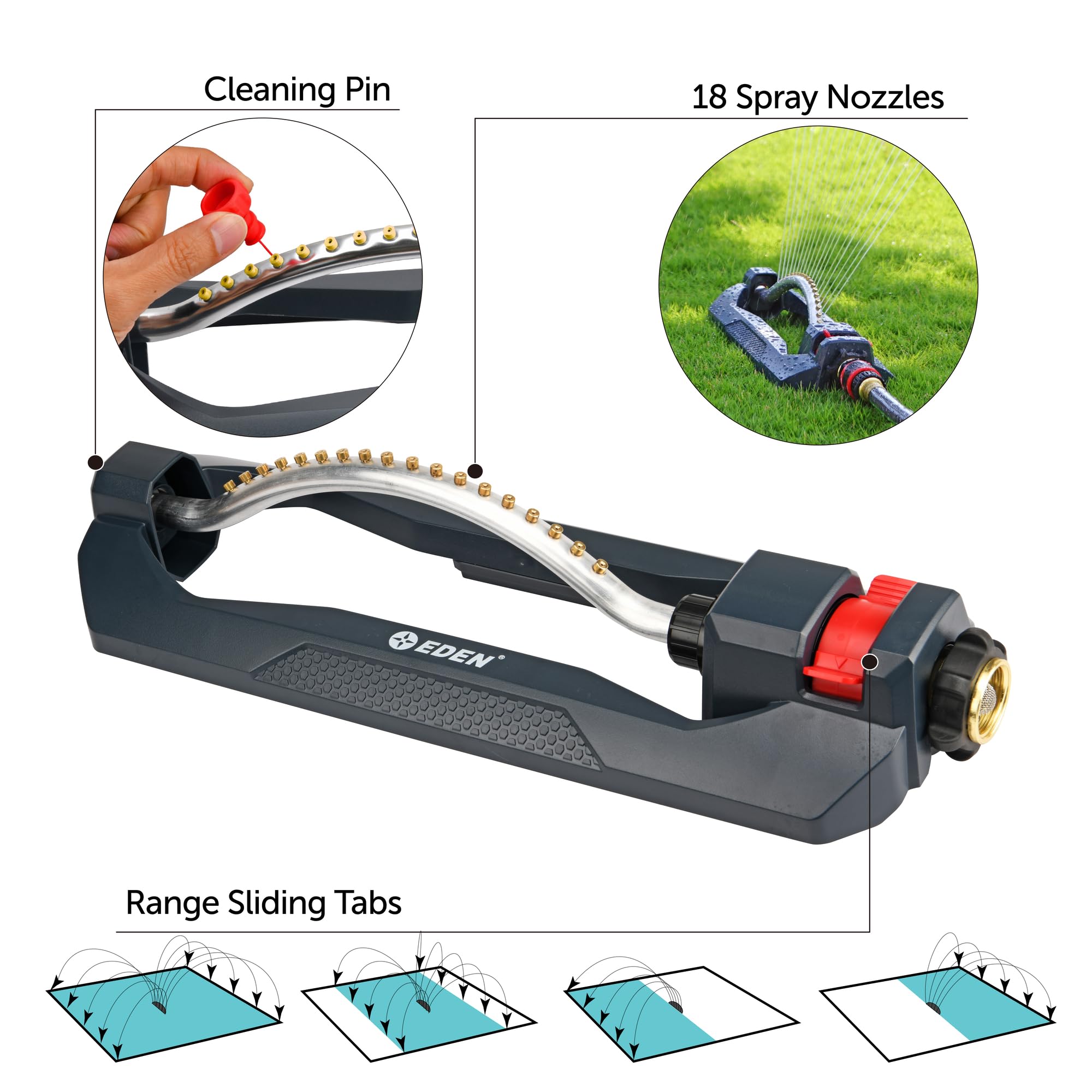 Eden 96217 Irrigatore oscillante Turbo, copre fino a 3.700 piedi quadrati, 18 ugelli in ottone, base ponderata robusta, portata regolabile, pacchetto di connessione rapida, nero, rosso, argento