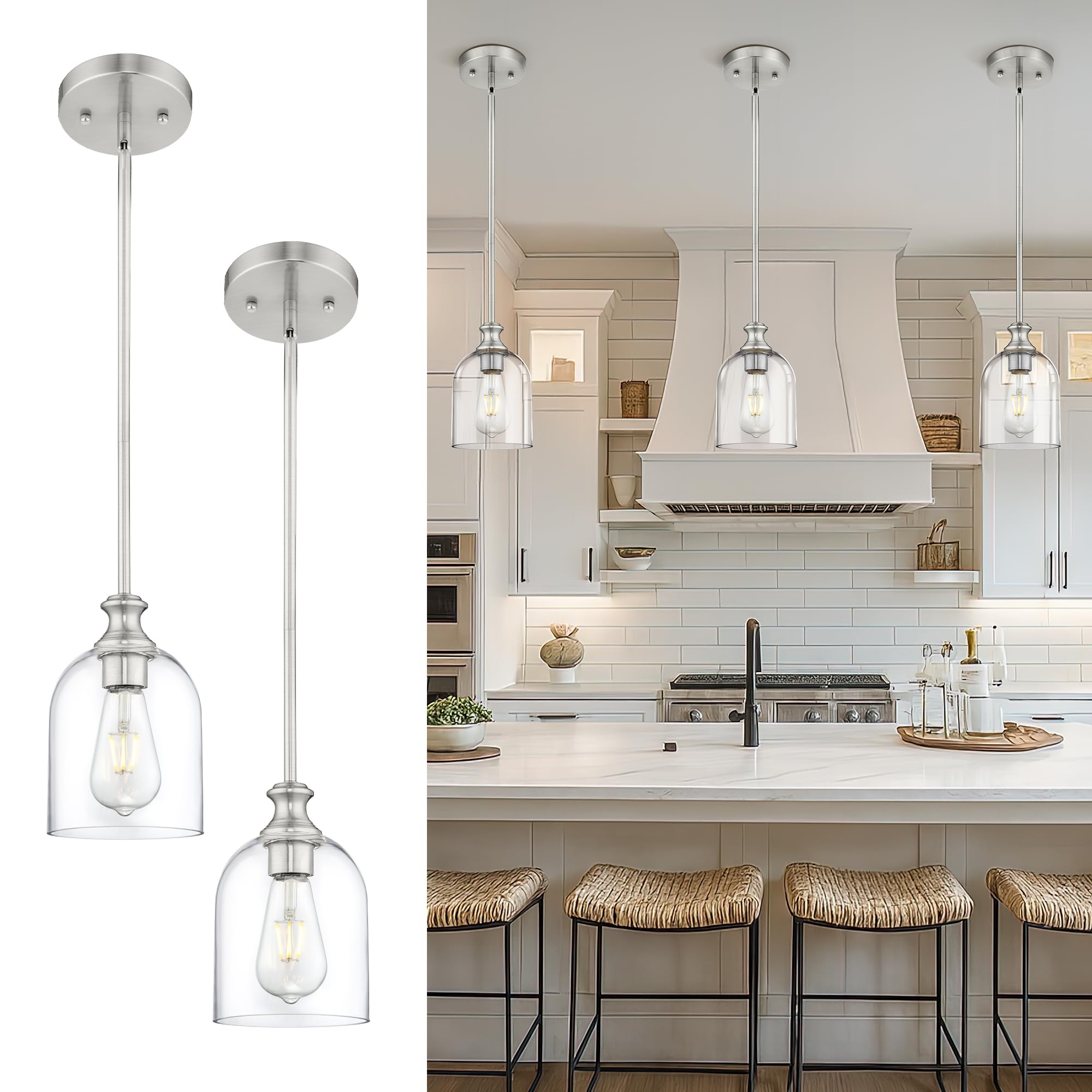 Photo 1 of AUTELO 2 Pack Brushed Nickel Pendant Lights, Glass Pendant Lights Kitchen Island with Clear Cylinder Glass, Industrial Pendant Lighting with Adjustable Rods, H2511 CLST 2PK
