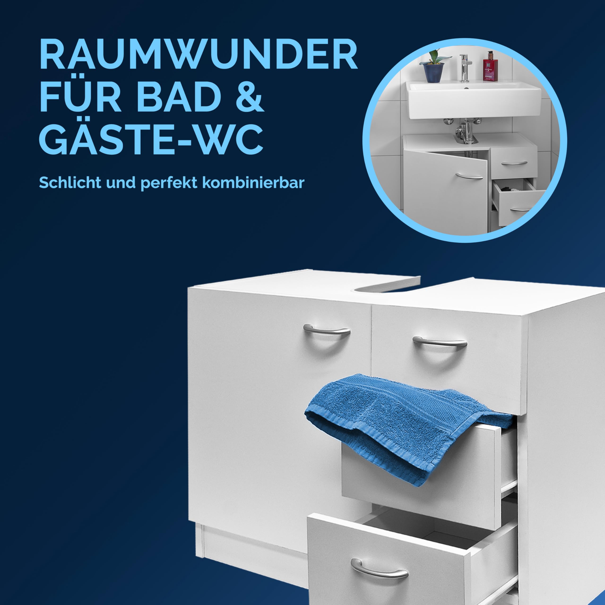 Casaria® Waschbeckenunterschrank mit 3 Schubladen Holz Weiß Waschbecken Unterschrank 63x30x54cm Bad Waschtischunterschrank Schmal Stehend Badezimmer