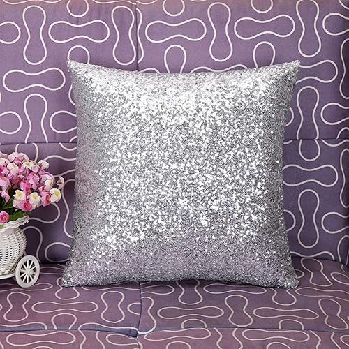 Miniatura 2 de Kithomer Funda de almohada cuadrada decorativa con lentejuelas brillantes sólidas, funda de almohada cuadrada y cómoda funda de cojín de satén para