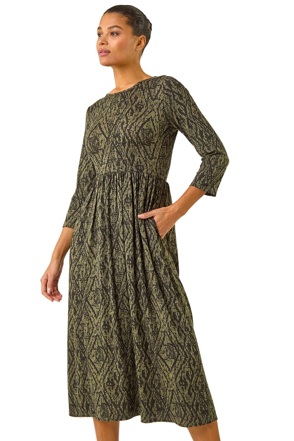 Roman Women's Khaki Abstract Print Midi Dress In | : Size 18