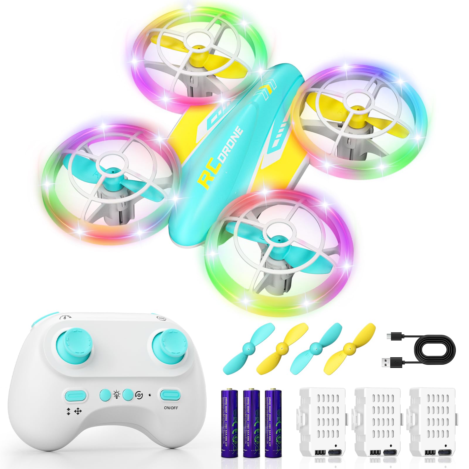 FUNPX LED RC Drone for Kids 6+, Christmas Birthday Gift for Boys & Girls with Remote Batteries, 360° Flip, High Speed Mode, 45 Min Flight Indoor and Outdoor Flying Toy - Blue Yellow