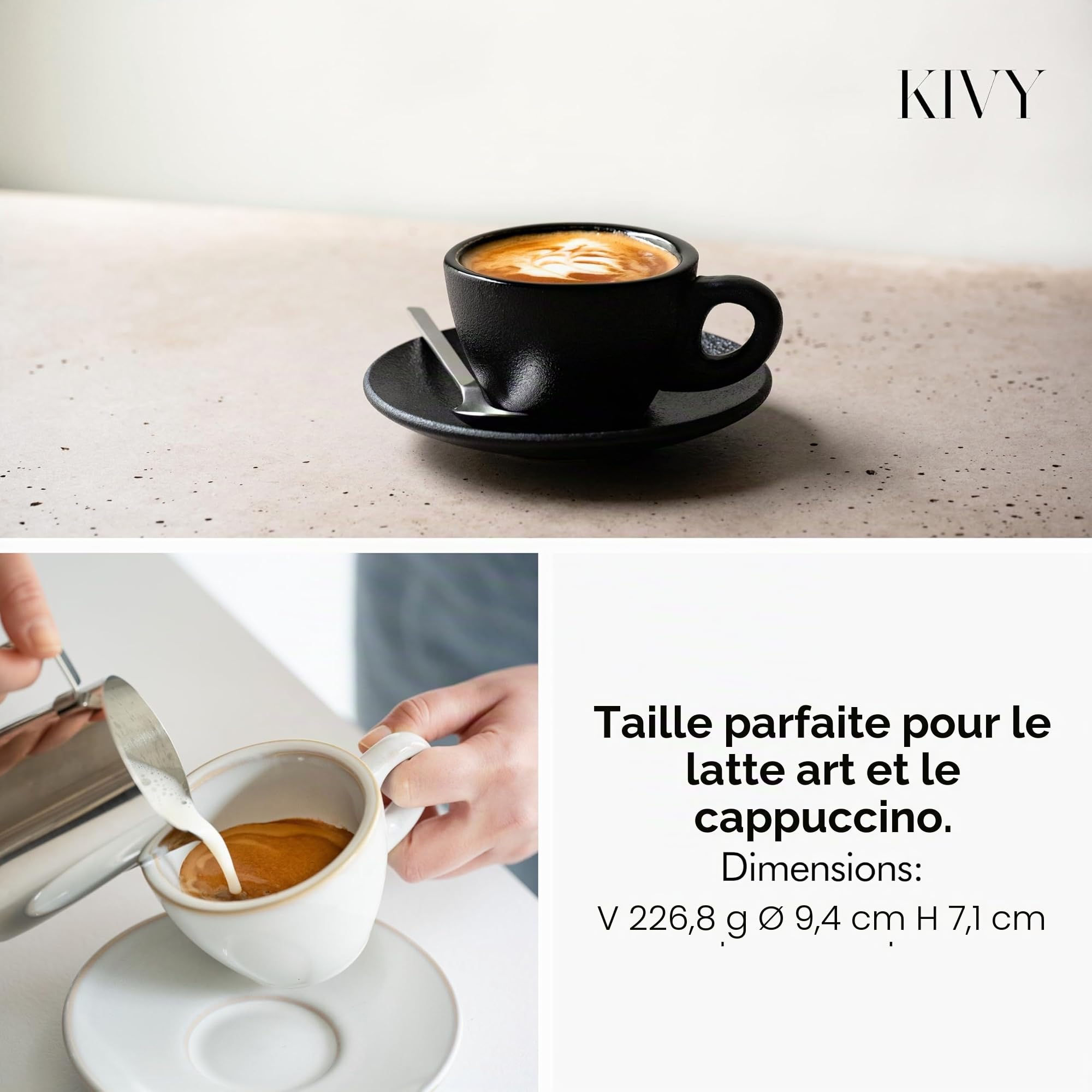 KIVY Lot de 4 tasses à cappuccino [170 ml] – Ensemble de tasses à cappuccino en céramique à paroi épaisse pour latte art – Tasses à latte – Tasse à latte et soucoupe en céramique noire