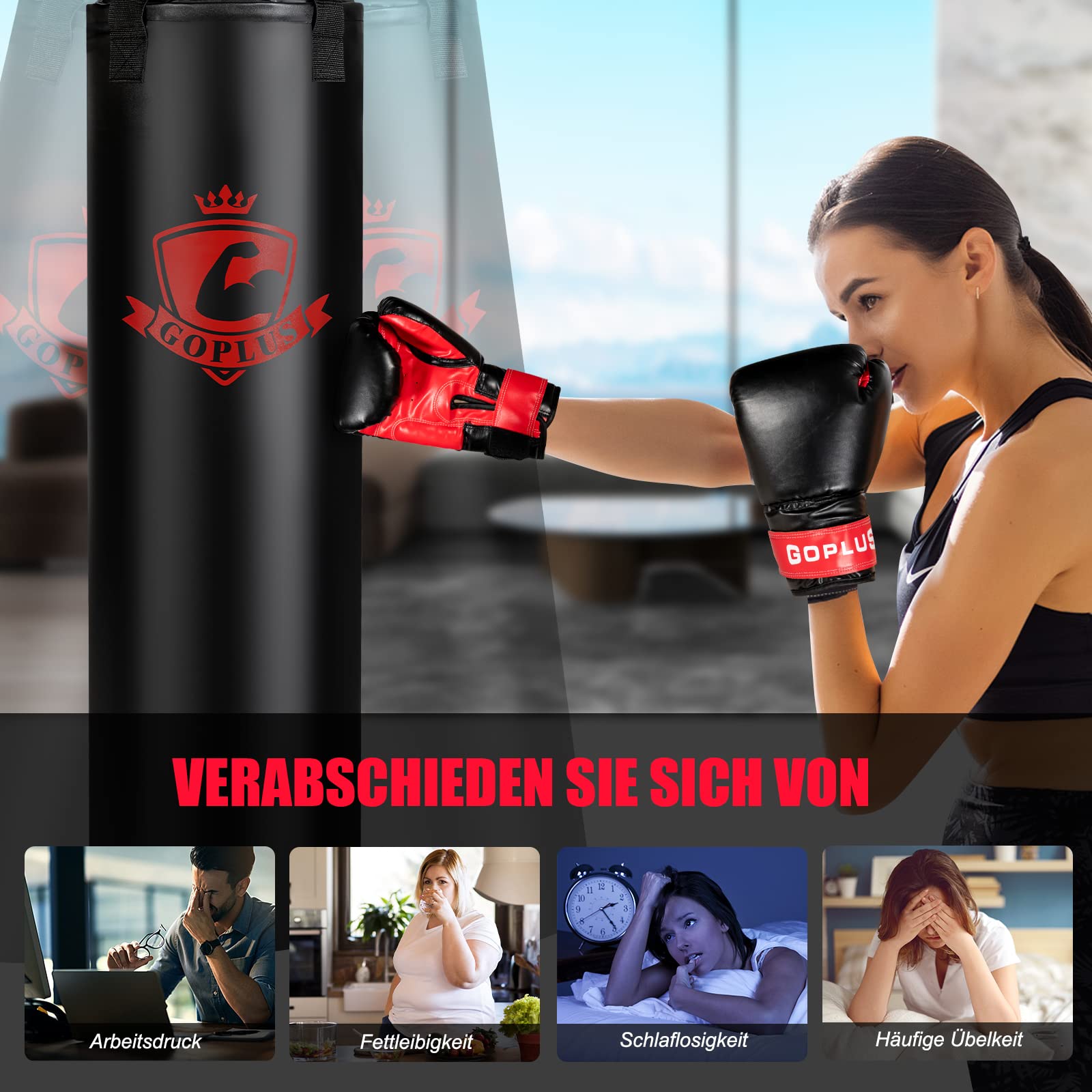 COSTWAY 28,5 kg Boxsack-Set für Erwachsene, Hängender Boxsack mit 12 oz Boxhandschuhen & Handschlaufen, Punching Bag für Muay Thai, Krav Maga, Taekwondo, Karate, Boxing Bag inkl. Deckenhaken