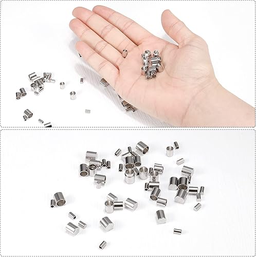 Miniatura 3 de uxcell 60 extremos de cordón de acero inoxidable, columna de identificación de 0.157 pulgadas (0.157 in), tapas de cordón de cuero para hacer